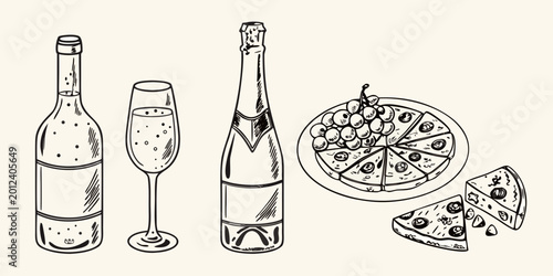 Tableau sur toile wine champagne and cheese platter sketch illustration on white