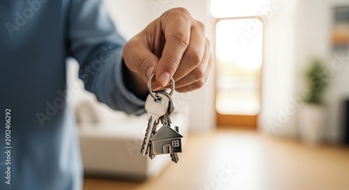 A person is holding a set of keys with a miniature house charm attached. The keys are being presented towards a bright, airy living room.