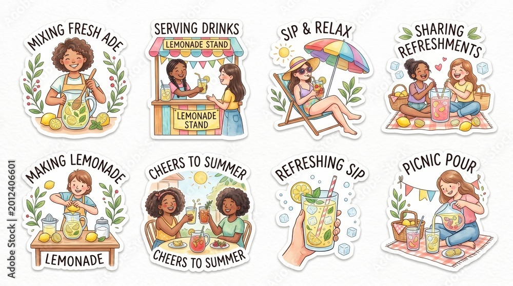 Fototapeta premium Children and young adults make, serve, and enjoy fresh lemonade during summer outdoor activities