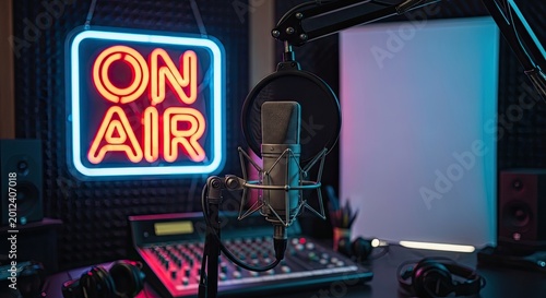 A professional recording studio setup is displayed. A black backdrop features a bright neon sign that reads 