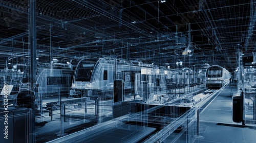 Trains appearing as detailed digital wireframes within a virtual environment, illustrating advanced engineering, design, and simulation in modern transportation technology