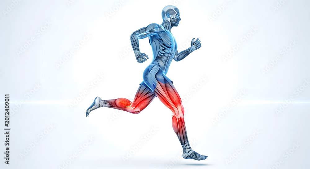 Obraz premium Holographic 3D Illustration of Human Muscular System During Running Motion