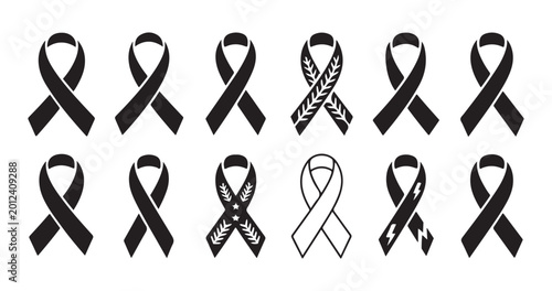 Collection of black ribbons with decorative elements for design and awareness campaigns on white background.