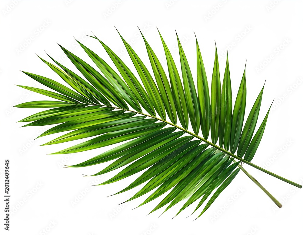 Fototapeta premium Vibrant green palm frond with multiple slender leaflets against a white background