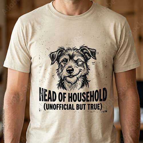Winking dog head t-shirt design head of household text graphic.
