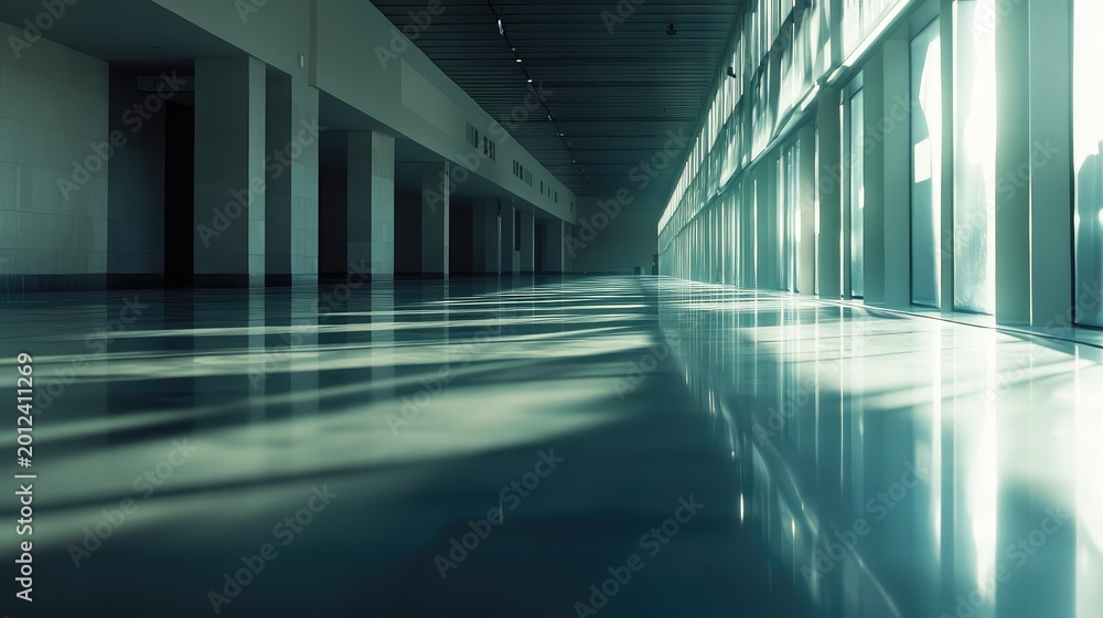 Fototapeta premium Long, empty modern hallway stretching into the distance with sunlight streaming through large windows, creating dramatic reflections and shadows on the polished floor