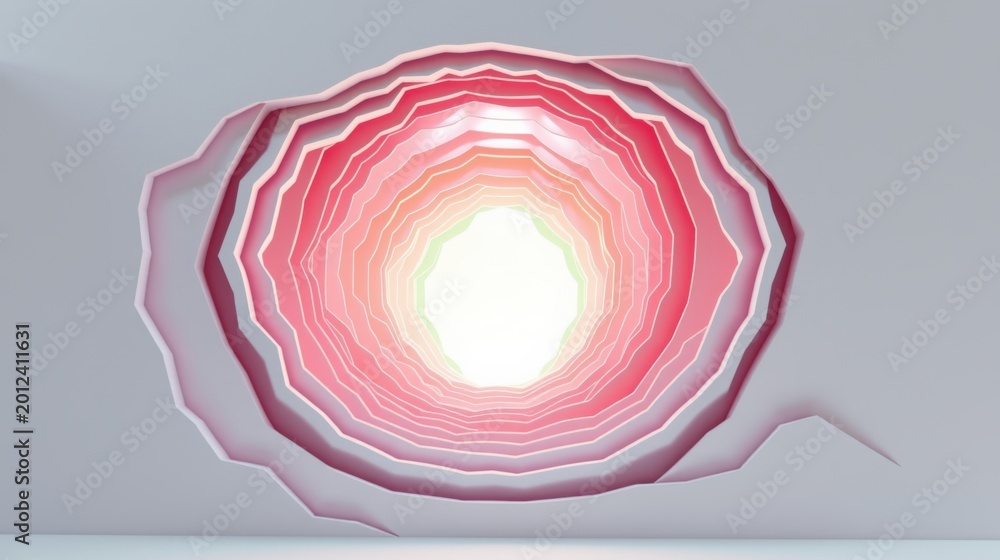 Fototapeta premium Abstract pink layers form tunnel. Bright light emanates center, creating dramatic visual effect. Minimalist background enhances focus.