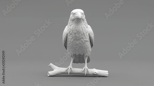 white 3d render of crow bird perched on branch
