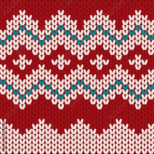 Seamless Nordic Knitting Pattern with Red and Teal Christmas Motifs