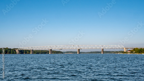 Bilde på lerret Old Little Belt Bridge across Little Belt strait, road and railway bridge betwee