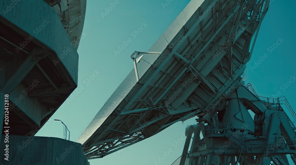 Fototapeta premium Large radio telescope dish providing scientific research, global network connections, and telecommunications under a clear blue sky, emphasizing connectivity and discovery