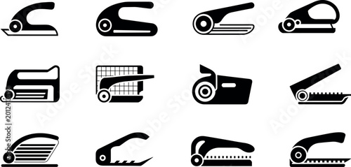 Foto Black and white office stationery icon set featuring various hole punchers stapl