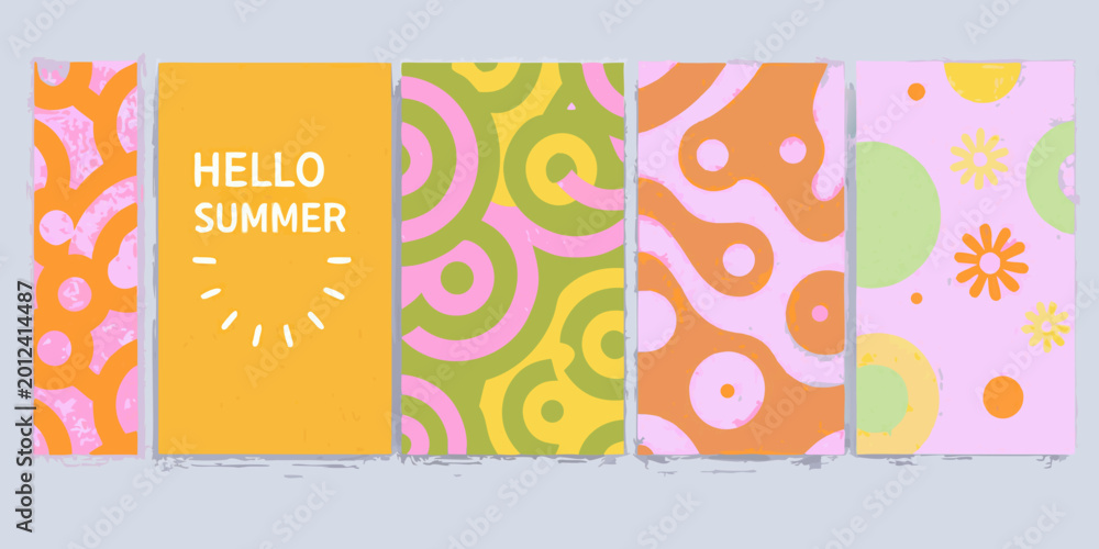 Obraz premium Colorful summer themed cards with retro abstract patterns and text