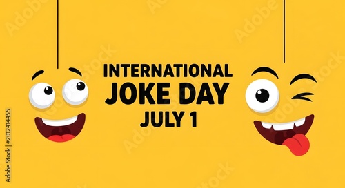 International joke day celebration graphic with yellow background and two playful cartoon emoji faces