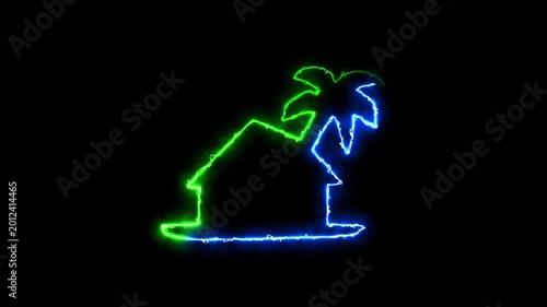 Glowing Black Hut and Palm Tree Logo blue and green color saber animation on a black background