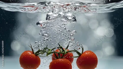 Fresh Cherry Tomatoes Dropping into Clear Water Creating Splash.