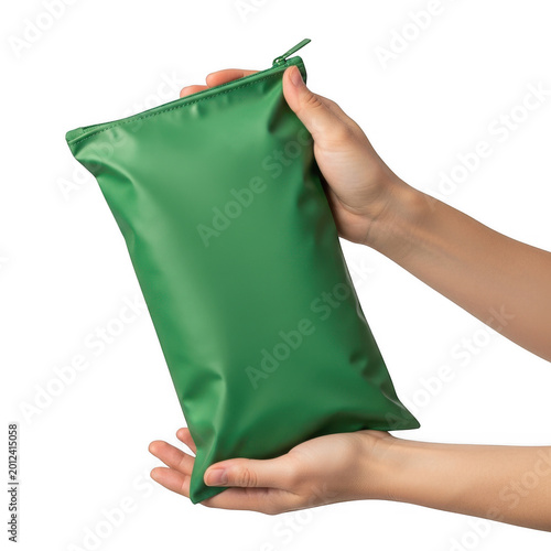 Hands holding a bright green pouch