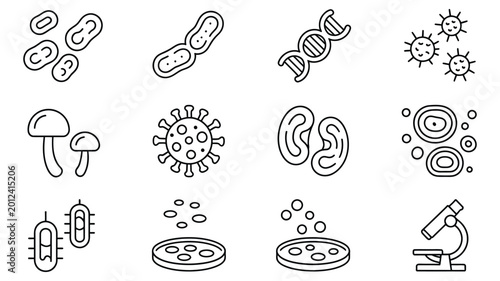 Tableau sur toile Microbiology and bacteriology line icon set featuring virus, bacteria, cells, an