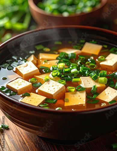 A steaming bowl of savory broth with cubed tofu and green onions