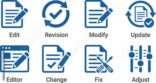 Photos Revision and modification icon collection featuring edit update change fix and adjust control settings for design