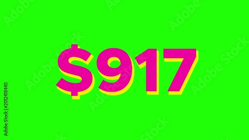 Animated Dollar Counter Counting Up to 3000 Dollars on Green Screen