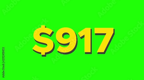 Animated Dollar Counter Counting Up to 3500 Dollars on Green Screen