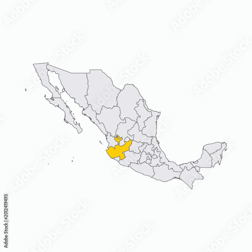 Mexico Map with Jalisco State Highlighted in Yellow