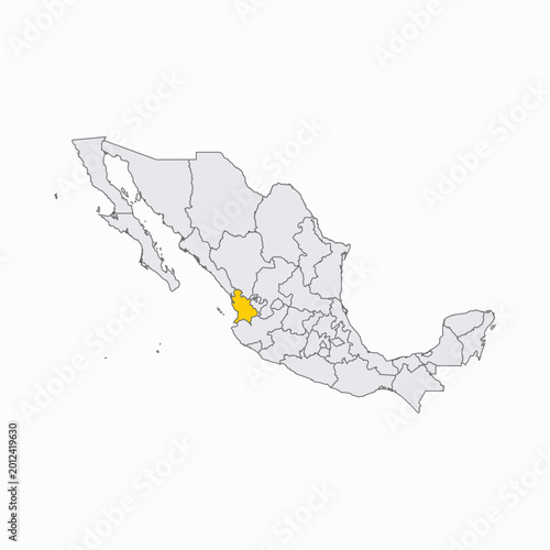 Mexico Map with Nayarit State Highlighted in Yellow