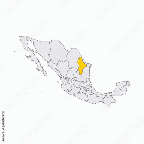 Mexico Map with Nuevo Leon State Highlighted in Yellow