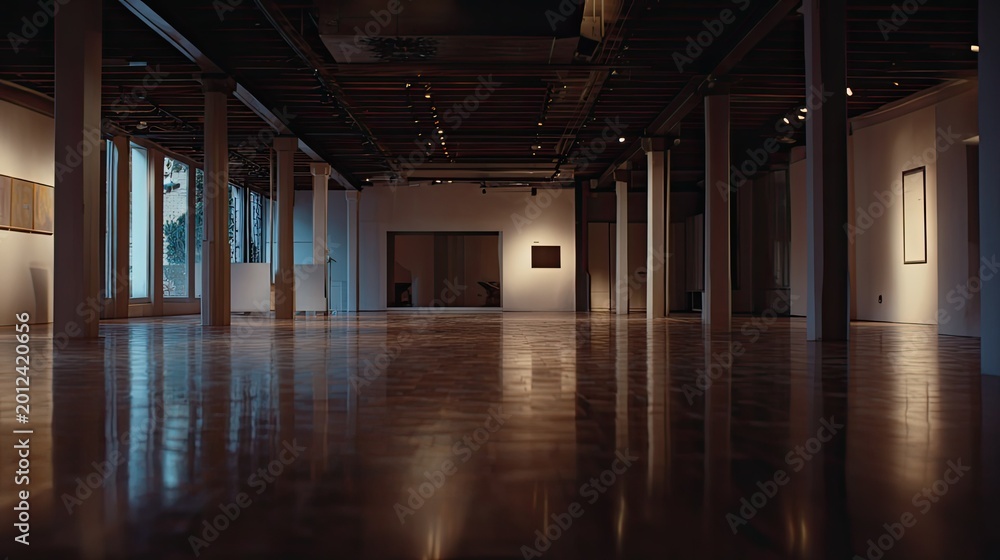 Fototapeta premium Large empty exhibition space featuring polished hardwood flooring, architectural pillars, and subtle overhead lighting creating a minimalist and quiet atmosphere