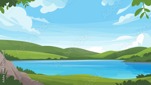 Fotografia Serene landscape with rolling green hills and a calm blue lake vector illustrati