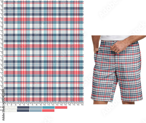 Photography Top-down view of a vibrant Madras plaid fabric swatch with a technical scale, accompanied by a 3D apparel mockup of men's summer chino shorts