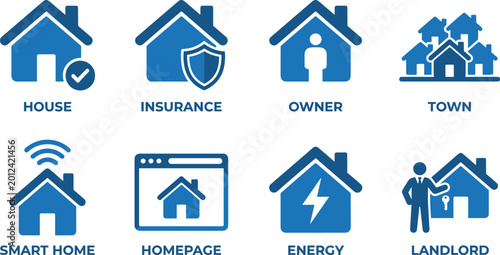 Assortment of blue house icons representing various real estate and smart home concepts for modern living.