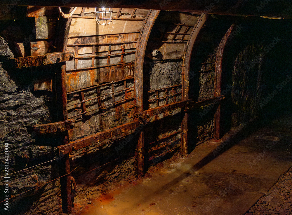 Fototapeta premium Abandoned mine tunnel with rails and mining cart