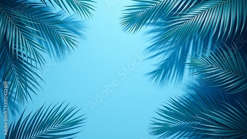 Green palm tree leaves branch out over a blue background to create a nature-inspired holiday border for a winter celebration.