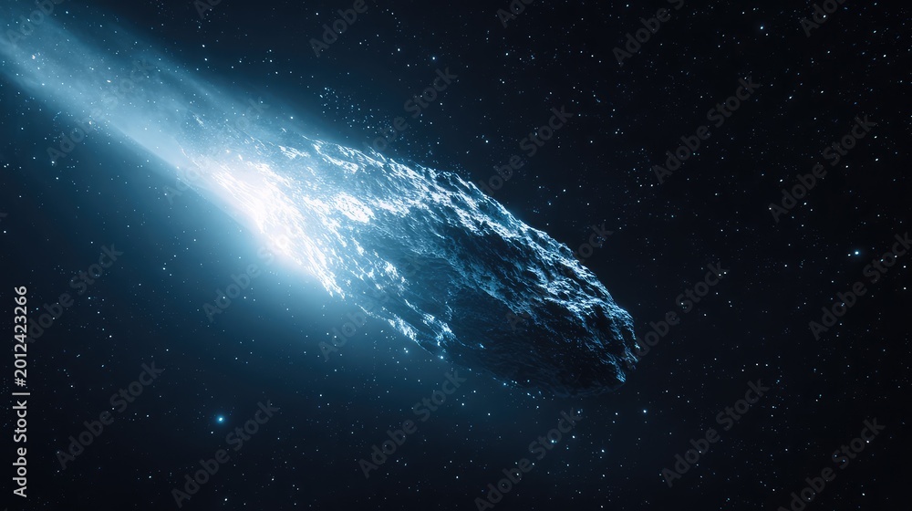 Fototapeta premium Comet streaking across the dark cosmos, trailing a luminous tail and scattering stardust against a distant starfield, evoking speed, mystery and celestial travel