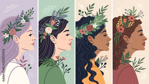 Diverse women with floral crowns in different colors and backgrounds