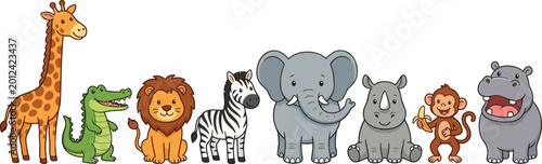 Photography Cute Safari Animal Set Featuring Giraffe, Lion, Elephant, and Hippo for Children’s Nursery Wall Art, Jungle Themed Birthday Invitations, and Educational Wildlife Sticker Designs