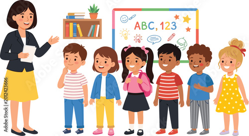 Teacher standing with multicultural school children in classroom education scene flat vector illustration for learning concept