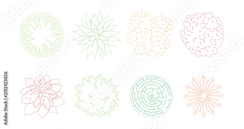 Tableau sur toile Minimalist landscape architecture symbols, set of 8 tree top view vector icons,