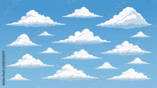 Photos Cartoon clouds in a blue sky fluffy white cumulus cloud formations vector illust