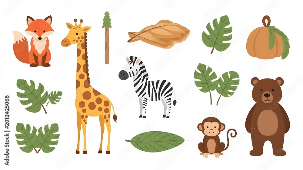 Fototapeta premium Adorable cartoon jungle and safari animal vector collection, featuring cute fox, giraffe, zebra, monkey, and bear alongside vibrant tropical leaves for playful design projects