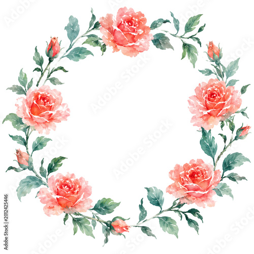 Watercolor Pink Rose Floral Wreath Round Frame Isolated on White Background