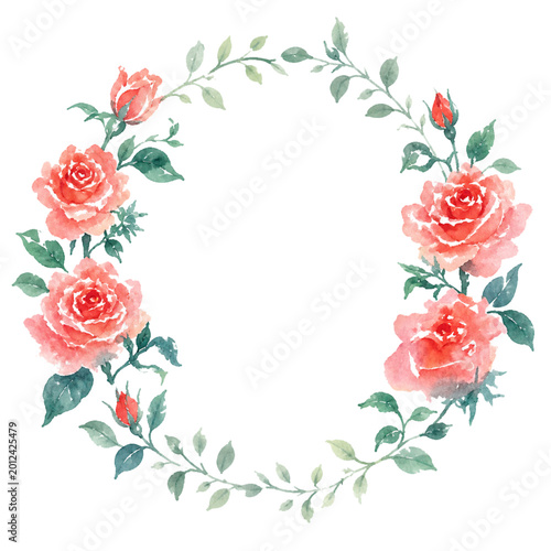 Watercolor Pink Rose Floral Wreath Round Frame Isolated on White Background