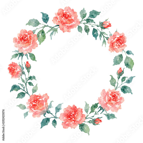 Watercolor Pink Rose Floral Wreath Round Frame Isolated on White Background