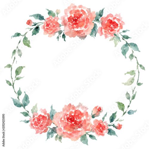 Watercolor Pink Rose Floral Wreath Round Frame Isolated on White Background