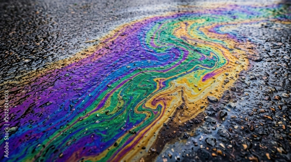 Obraz premium An oil spill on a wet surface creates a rainbow of colors spread out in patterns.