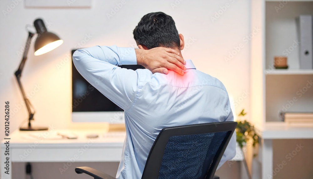 Obraz premium Professional battling intense neck pain and discomfort from prolonged desk work, highlighting common health issues associated with sedentary office environments and poor ergonomics
