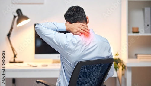 Professional battling intense neck pain and discomfort from prolonged desk work, highlighting common health issues associated with sedentary office environments and poor ergonomics