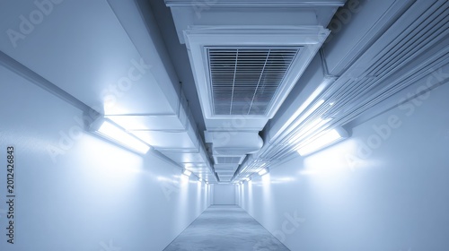 Bright white corridor with exposed hvac ductwork and rows of fluorescent lights, extending into the distance for a sterile, modern, industrial looking architectural perspective